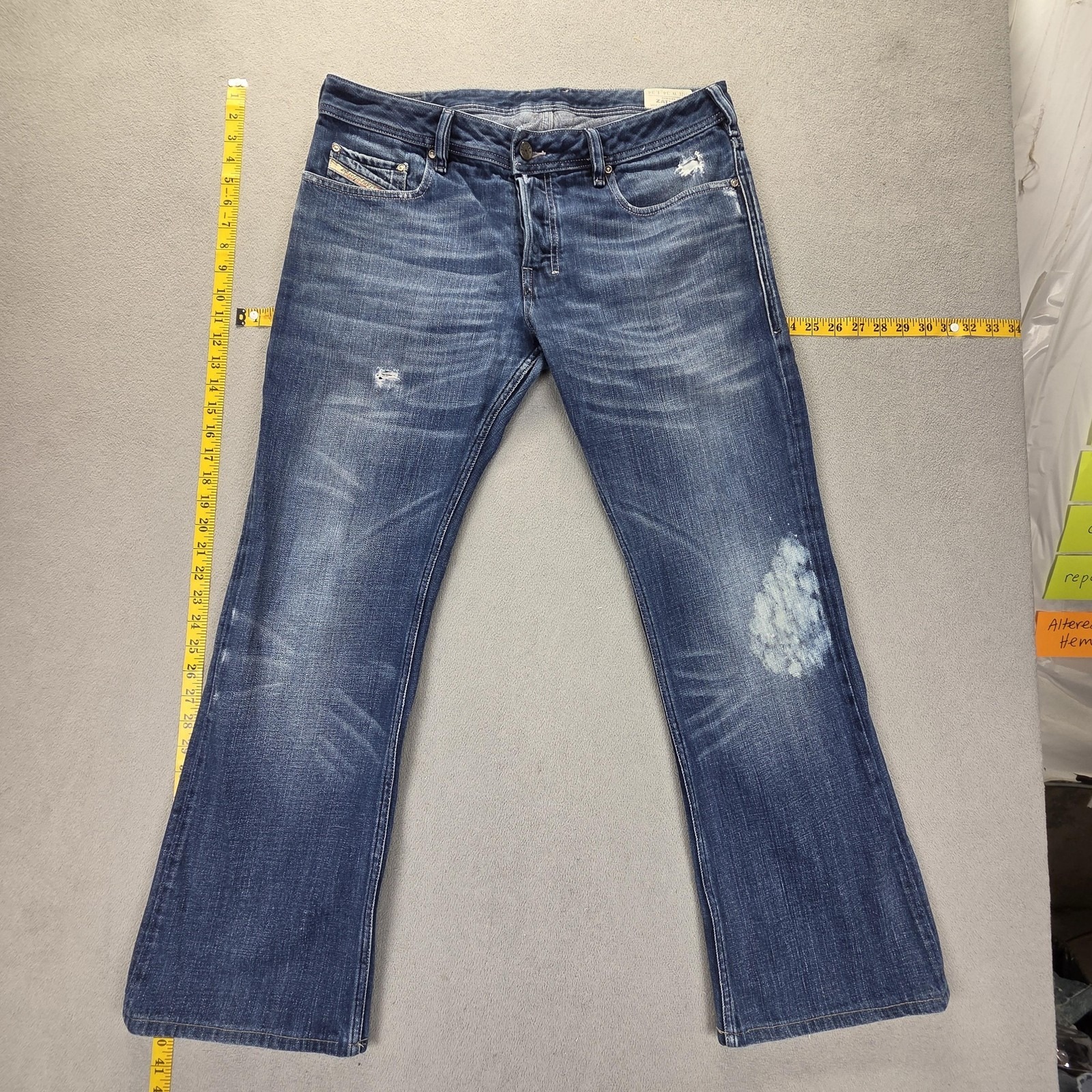 Diesel Jeans Mens 34x34 Blue Zathan Bootcut Distressed Button Fly 008te